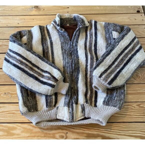 Vintage Made In Bolivia Striped Alpaca Full Zip Jacket Large Men’s Grey White - Picture 1 of 8